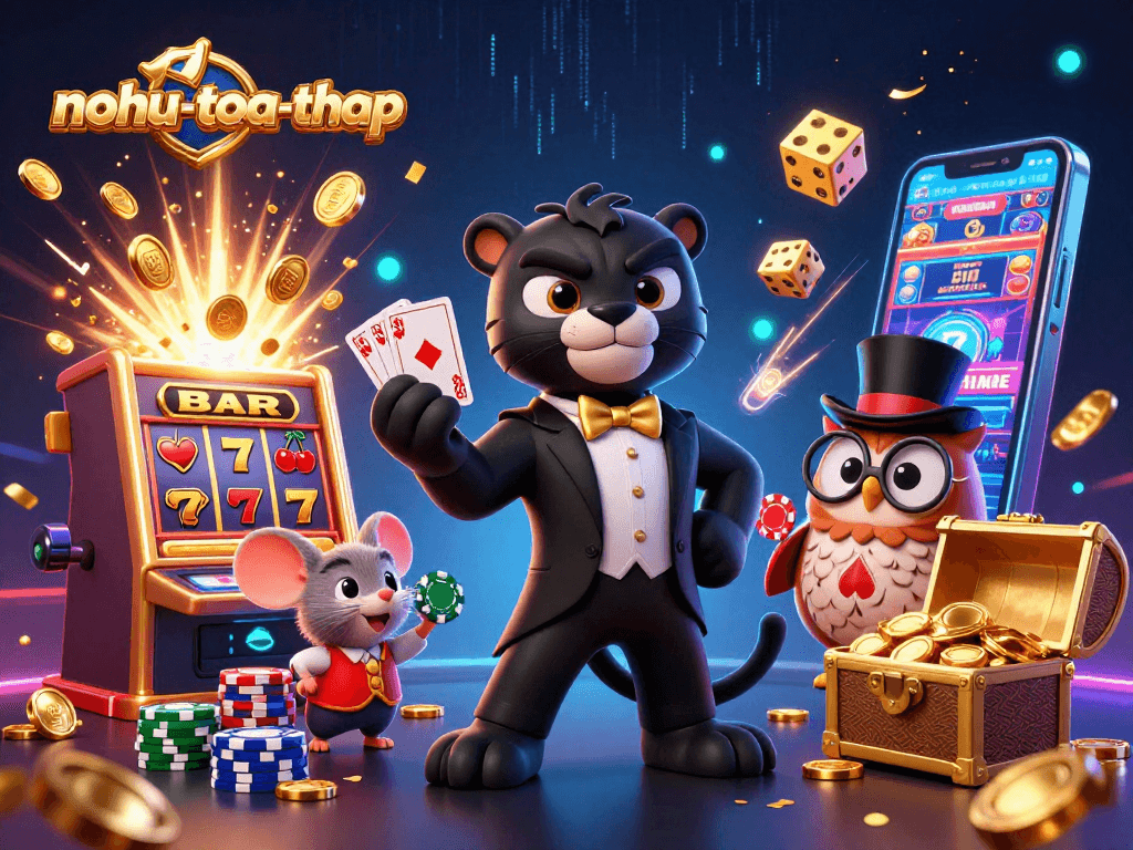 Experience the excitement of nohu-toa-thap with a lively 3D cartoon scene of casino elements and characters.