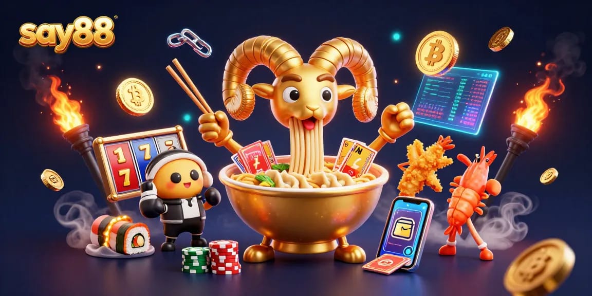 Engage with say88’s thrilling casino experience, featuring dynamic golden ramen bowl characters amidst vibrant slot game elements.