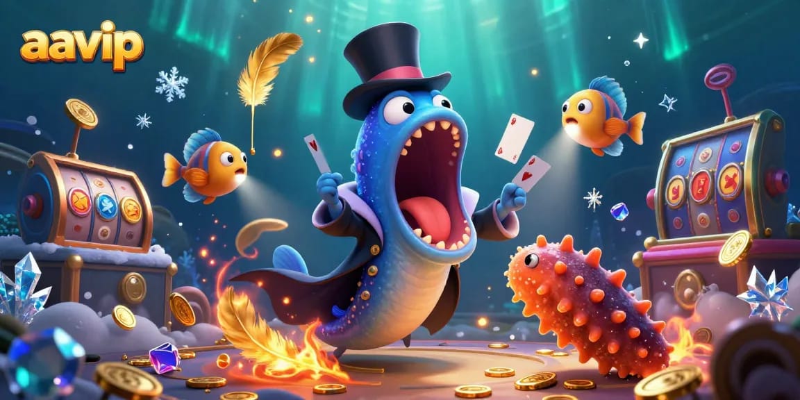 Aavip showcases a vibrant underwater casino scene with magical creatures performing card tricks amidst colorful slot elements.