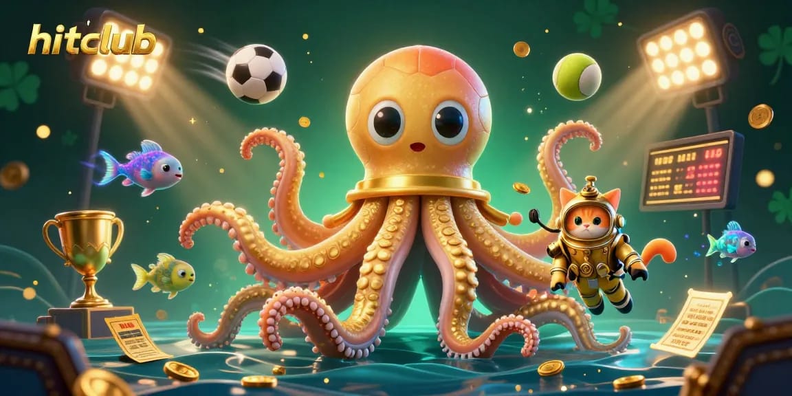 Join the hitclub experience with 3D cartoon kraken and sports-themed elements in an exciting online casino.
