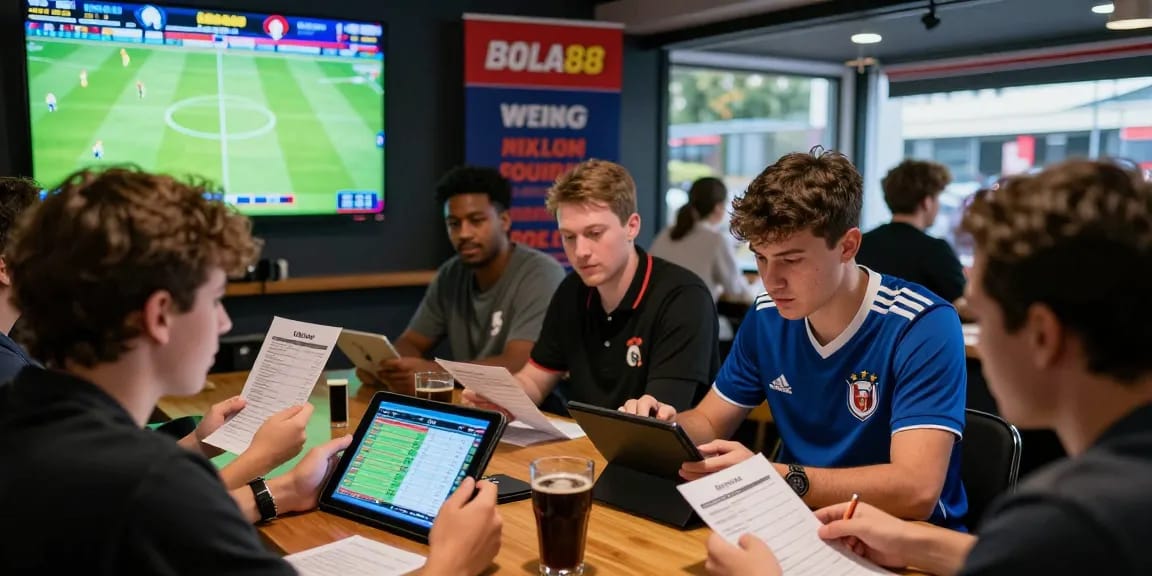 Exciting sports betting atmosphere at BOLA88 featuring diverse bettors discussing Daftar Bola88 mix parlay options.
