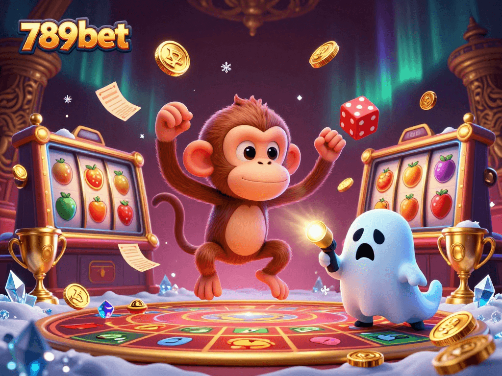 Engage with thrilling gaming action at 789bet featuring a golden juggling monkey amidst dynamic casino elements.