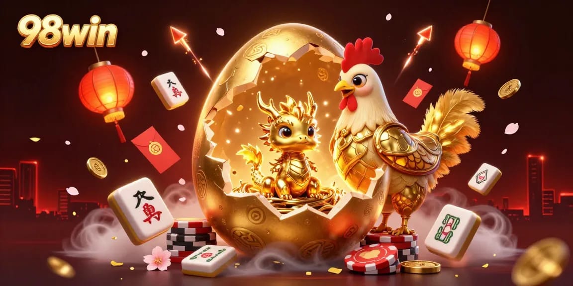 Experience the thrilling world of 98win with a cartoon-style illustration of a golden dragon and poker chips, embodying the excitement of online gambling.