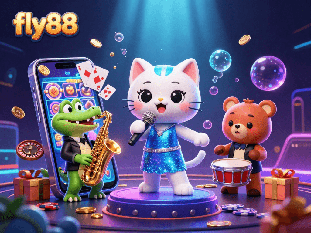 Experience the excitement of fly88 with a lively casino scene featuring a singing cat, a saxophonist crocodile, and a drum-playing bear amid vibrant game elements.