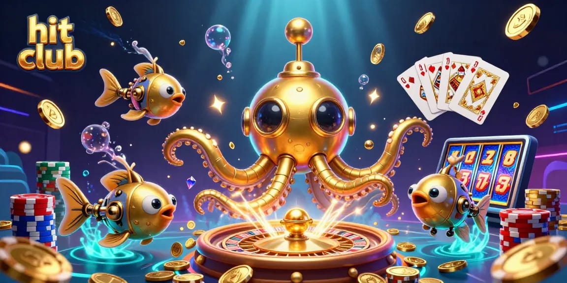 Engage in the hit club experience with a vibrant 3D casino scene featuring slot reels and golden treasures.