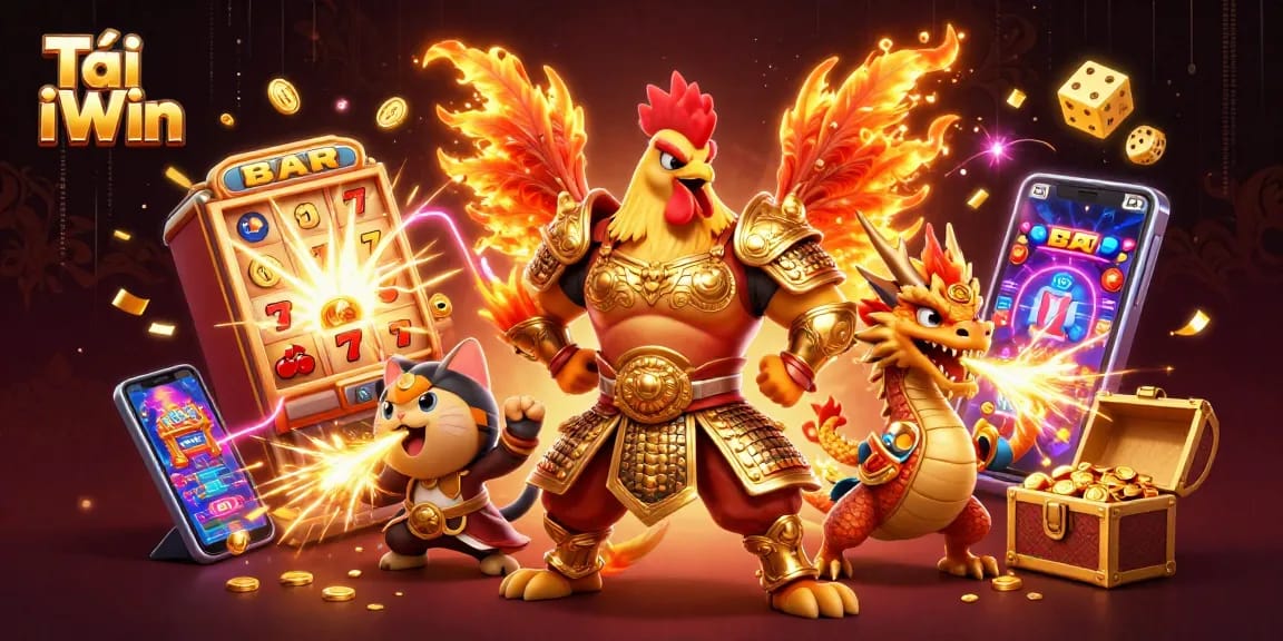 Tải iWin showcases a thrilling gaming experience featuring a rooster warrior, dragon hatchling, and fortune cat celebrating a jackpot.