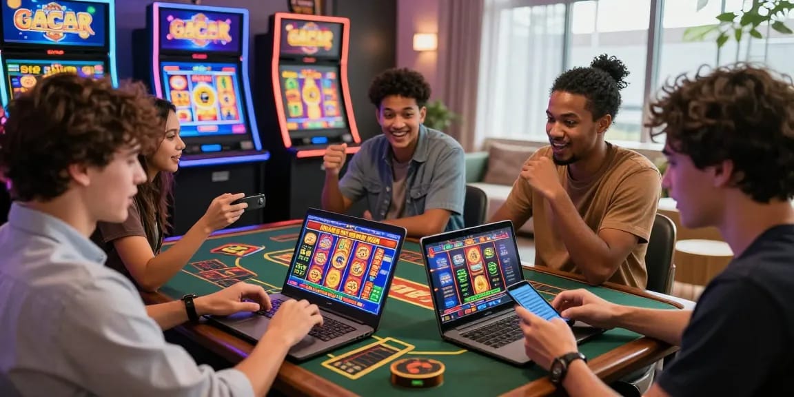 Friends enjoying slot gacor games at home with excitement and modern gaming setup.