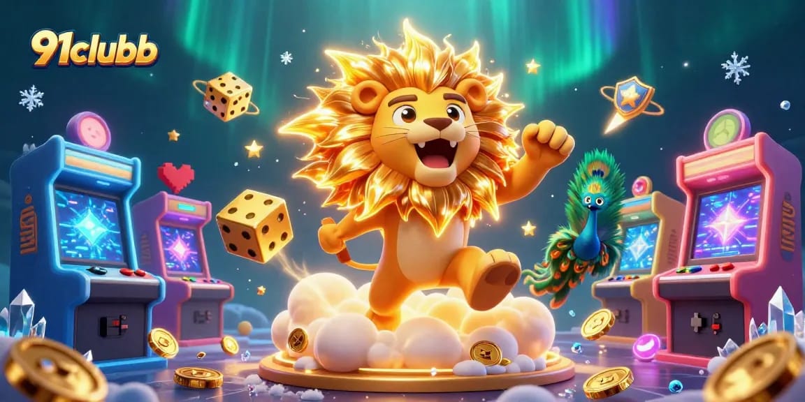 Engage with 91clubb in a vibrant casino atmosphere with dazzling games, characters, and golden dice.