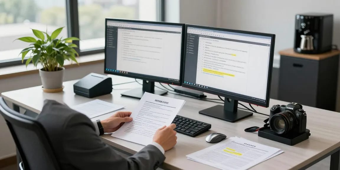 Compliance officer reviewing documents for effective document fraud detection in a modern office.
