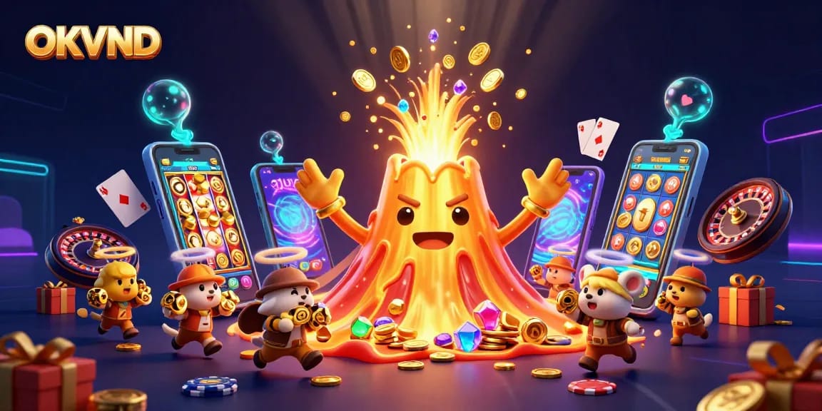 Experience thrilling wins at OKVND as animated characters discover treasures and casino games erupting with excitement.