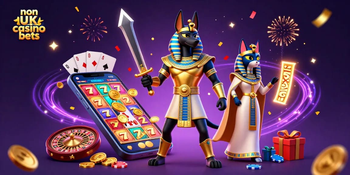 Experience non UK casino bets with Anubis and Bastet amidst vibrant gaming action and golden rewards.