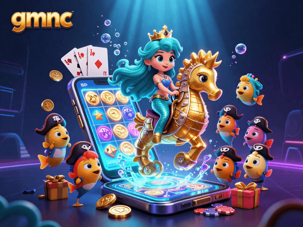 Engage in thrilling gameplay with gmnc's vibrant 3D casino scene featuring a mermaid and seahorse.