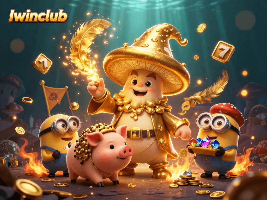 Iwinclub showcases an enchanting 3D scene with a magical mushroom wizard casting treasure spells in an online casino setting.