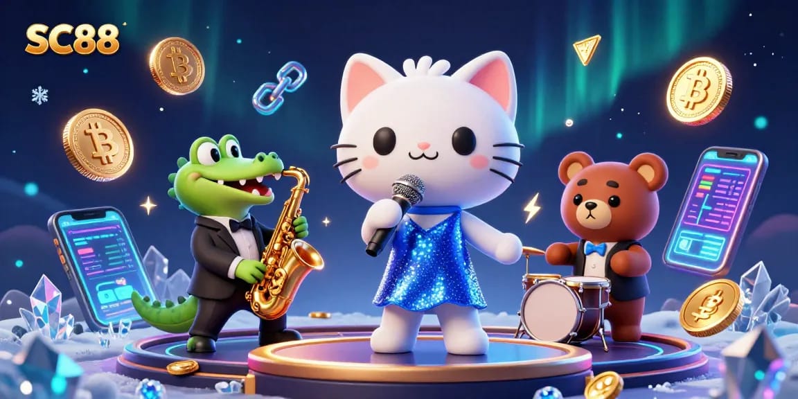 SC88 casino scene with a jazz-singer cat and musical animals enchanting players.