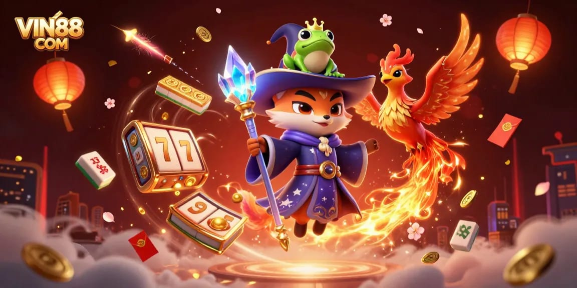 Experience thrilling slots with VIN88 COM in this vibrant 3D casino illustration featuring magical elements.