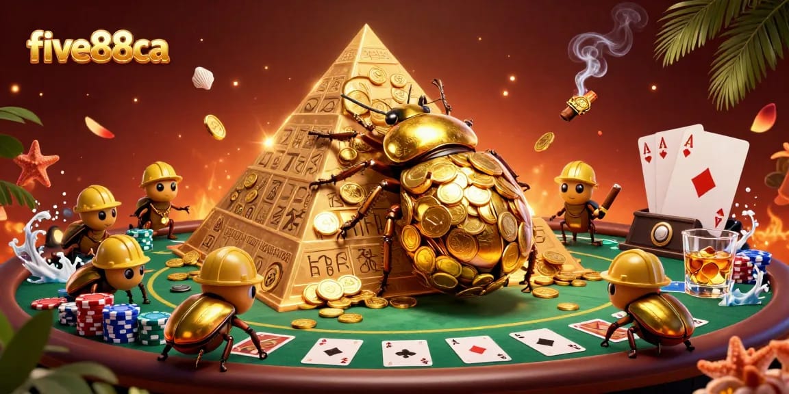 Experience exciting gameplay at five88ca with a golden beetle rolling in coins and poker elements.
