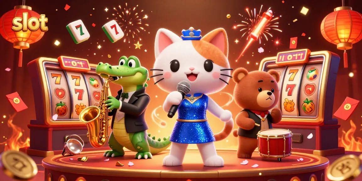 Spin vibrant slot games with a lively jazz-singer cat and friends in a casino setup.