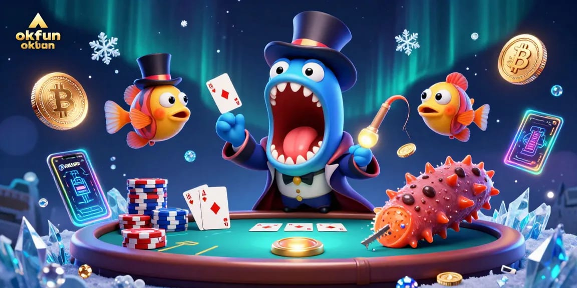 Experience thrilling poker action with a vibrant okfun-themed underwater casino illustration.