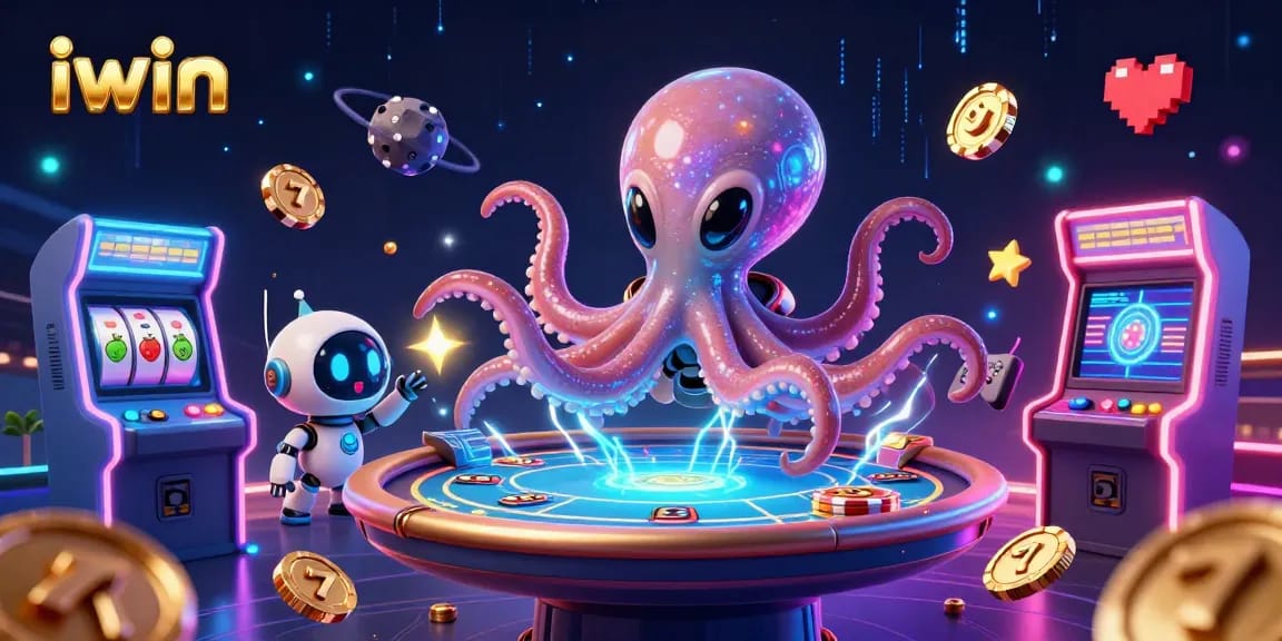 Engage with iwin's lively casino scene featuring a vibrant alien octopus at a holographic poker table.