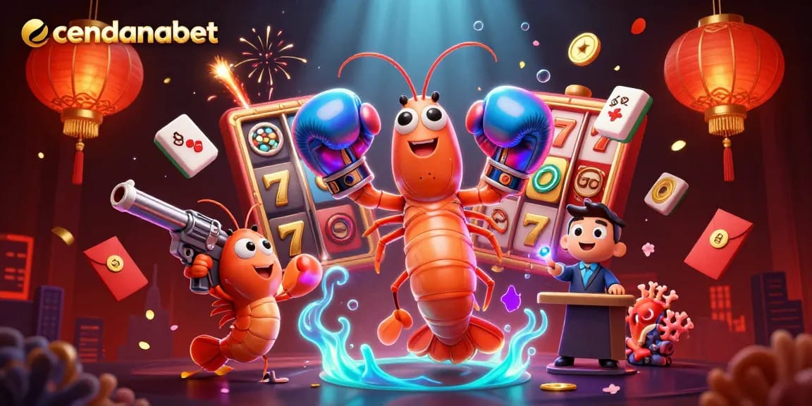 Cendanabet showcases thrilling digital gaming with vibrant slot reels and energetic characters.