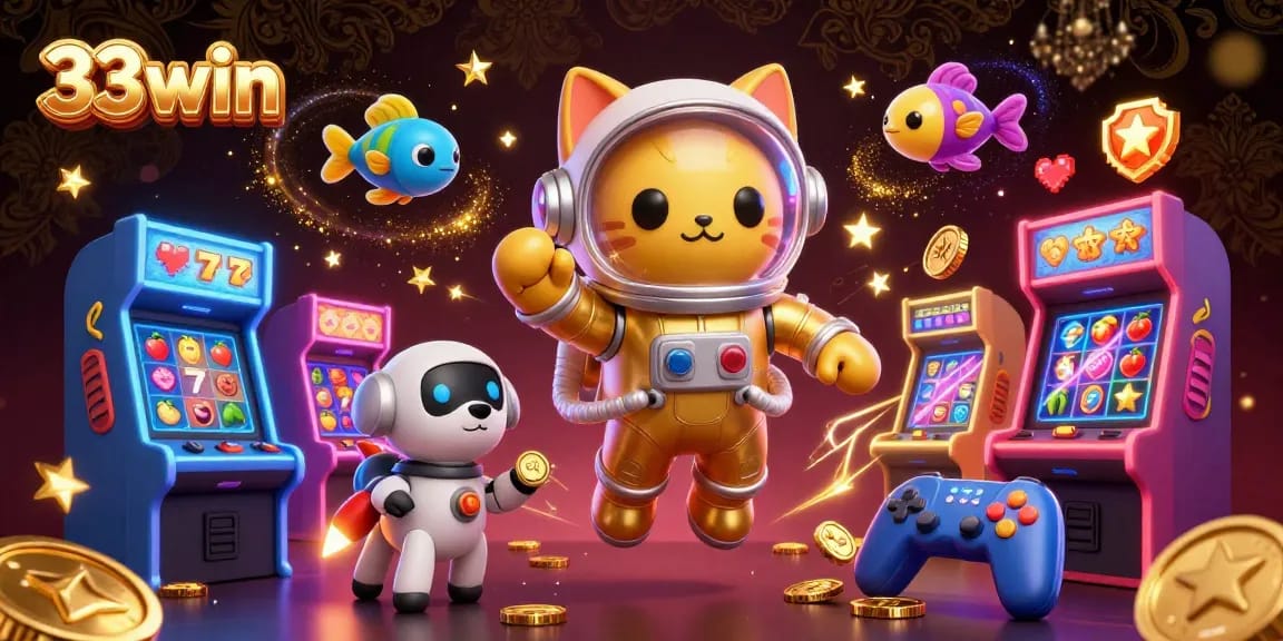 Engage with the 33win interactive gameplay featuring a cartoon astronaut cat, robot dog, and casino elements.