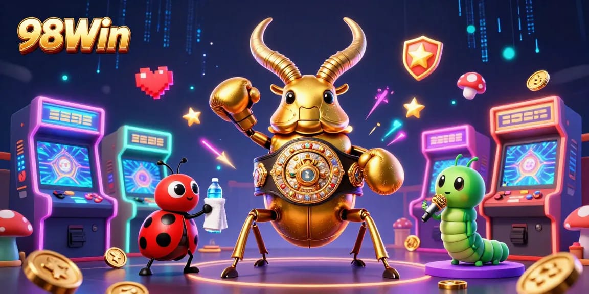 Engage in thrilling slots at 98Win with vibrant arcade visuals, showcasing fun characters and games.