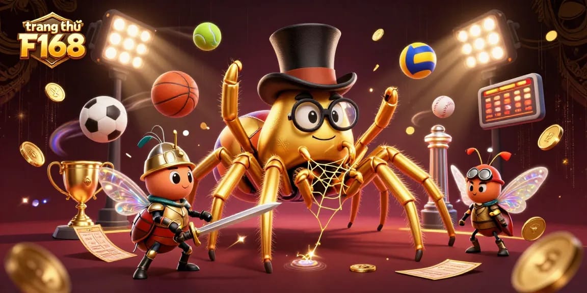 Engage with the vibrant scene at trang chủ F168 featuring a golden tarantula and beetle knight amidst dynamic casino elements.
