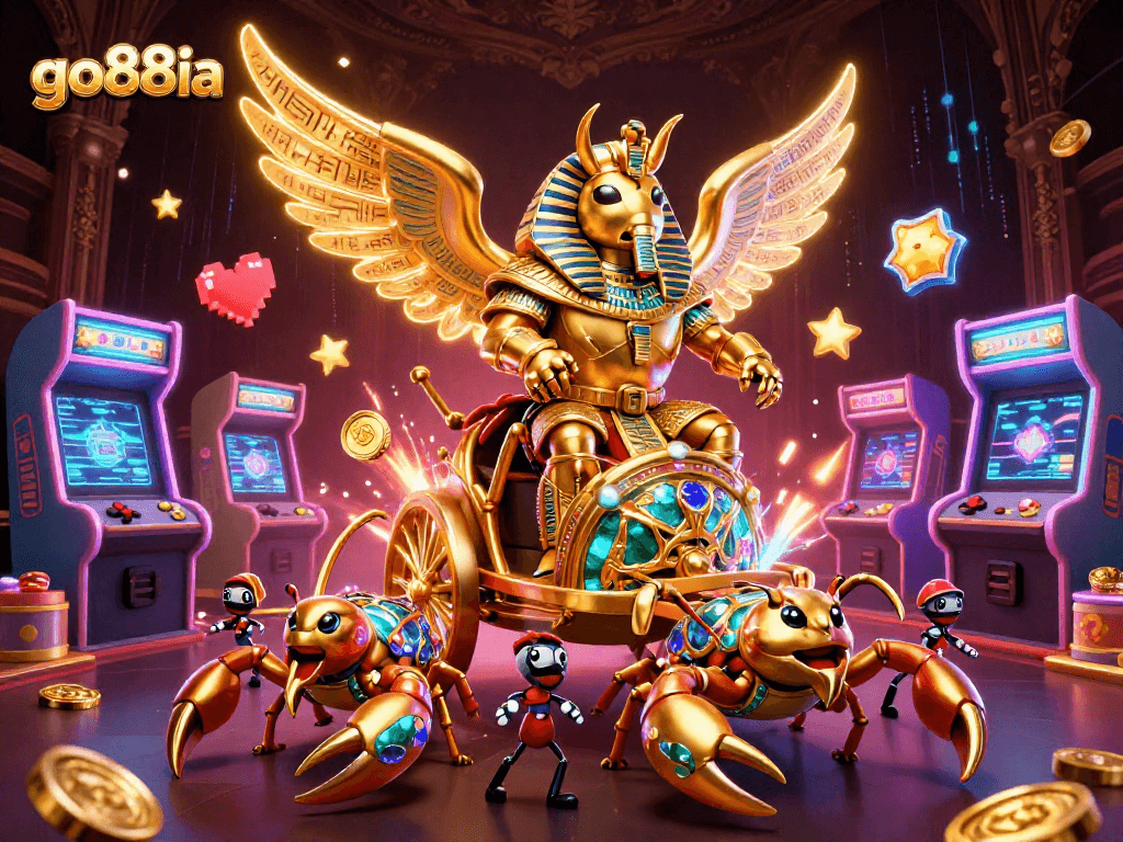 Experience the excitement of go88ia with a vibrant gaming scene featuring a golden scarab beetle and arcade machines.