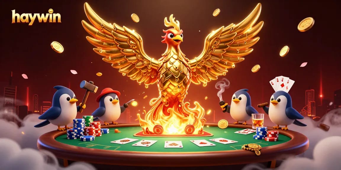 Join the excitement at haywin with a molten phoenix emerging in a vibrant casino scene filled with poker elements.