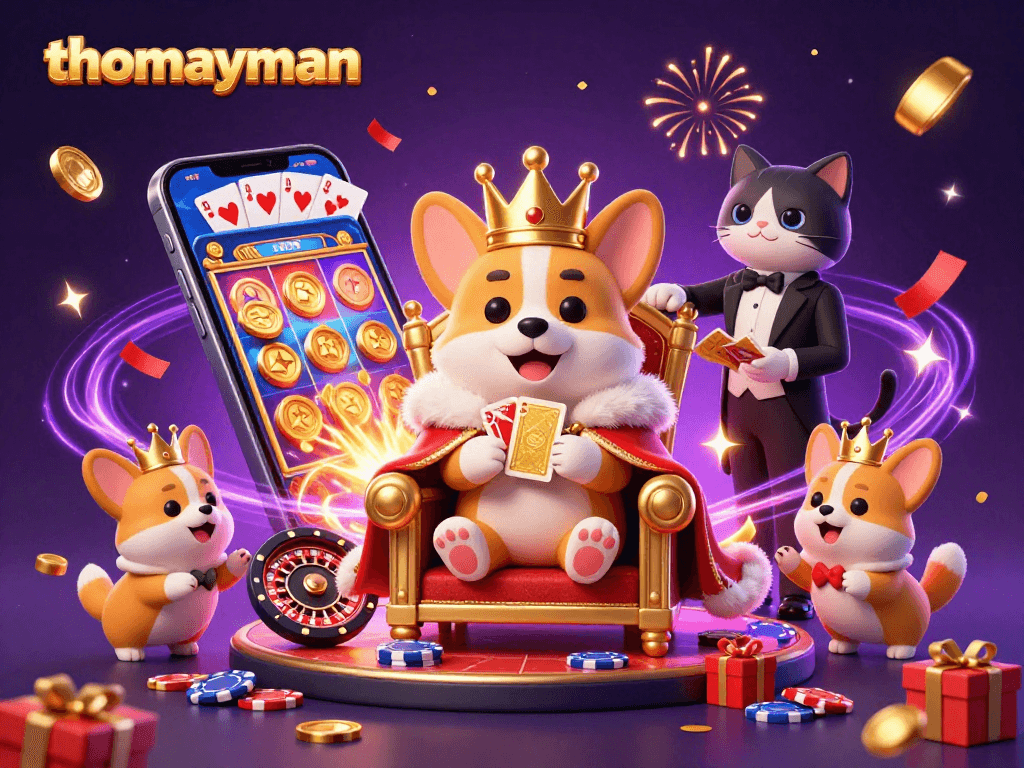 Win big with thomayman in a spectacular 3D illustrated casino scene filled with vibrant slot games and festive elements.