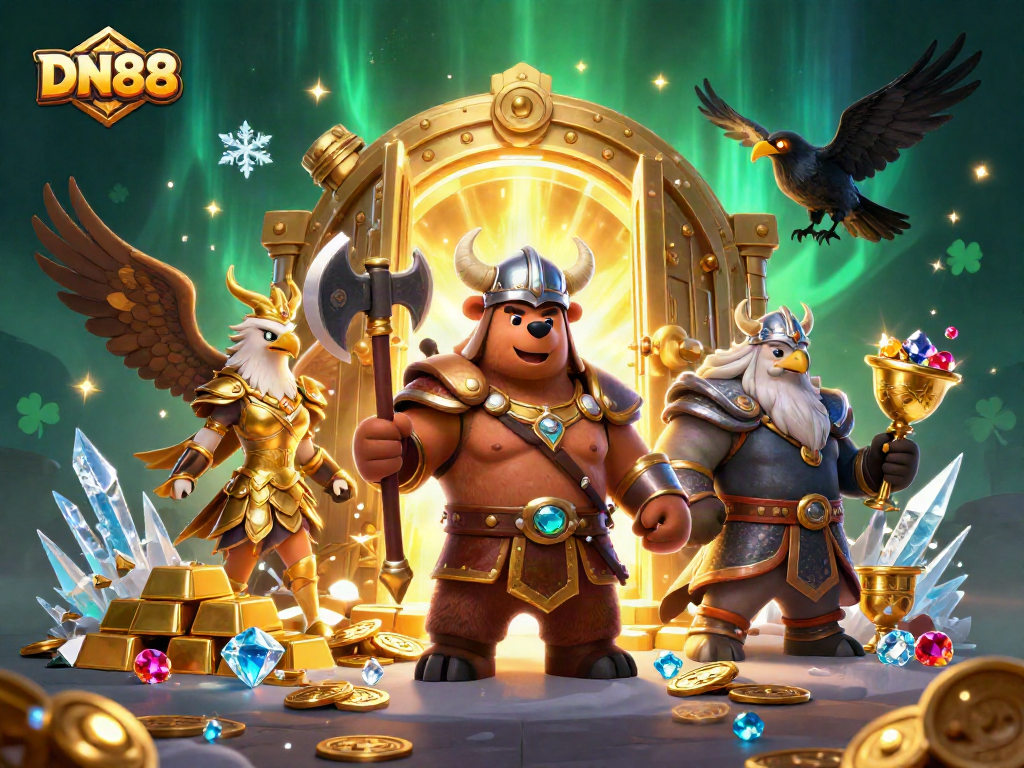 Spin and win with DN88 as Viking characters guard treasures in a vibrant casino scene.