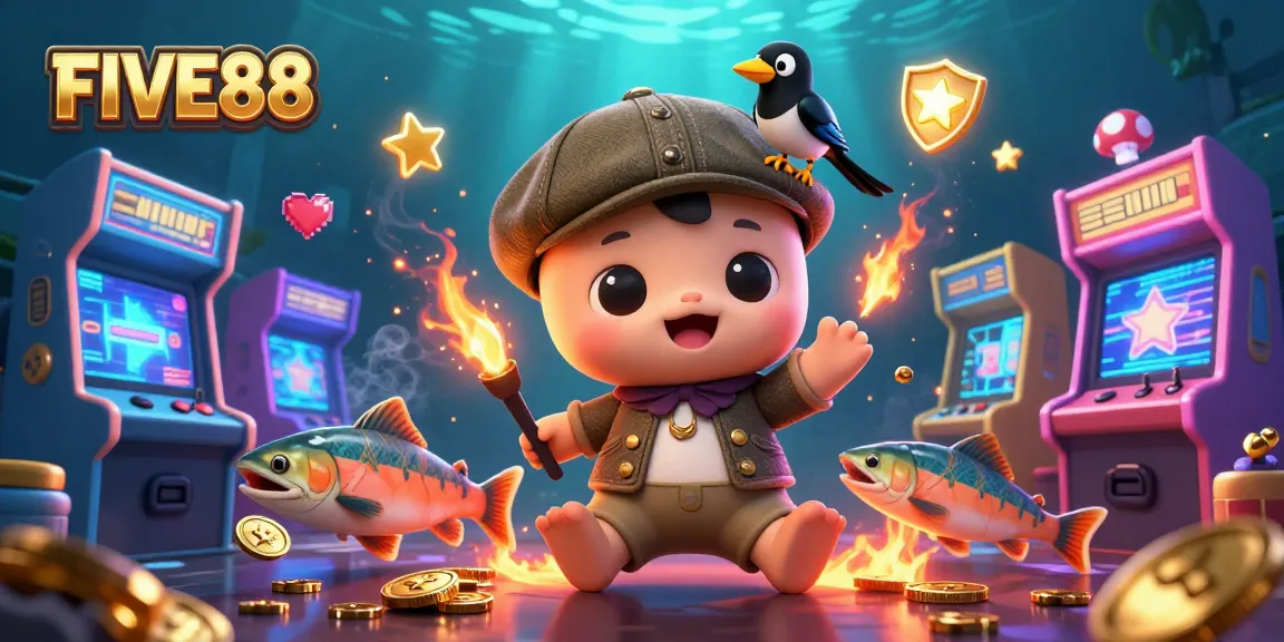 Engage with FIVE88’s exciting slots scene featuring cartoon Nessie and vibrant game elements.