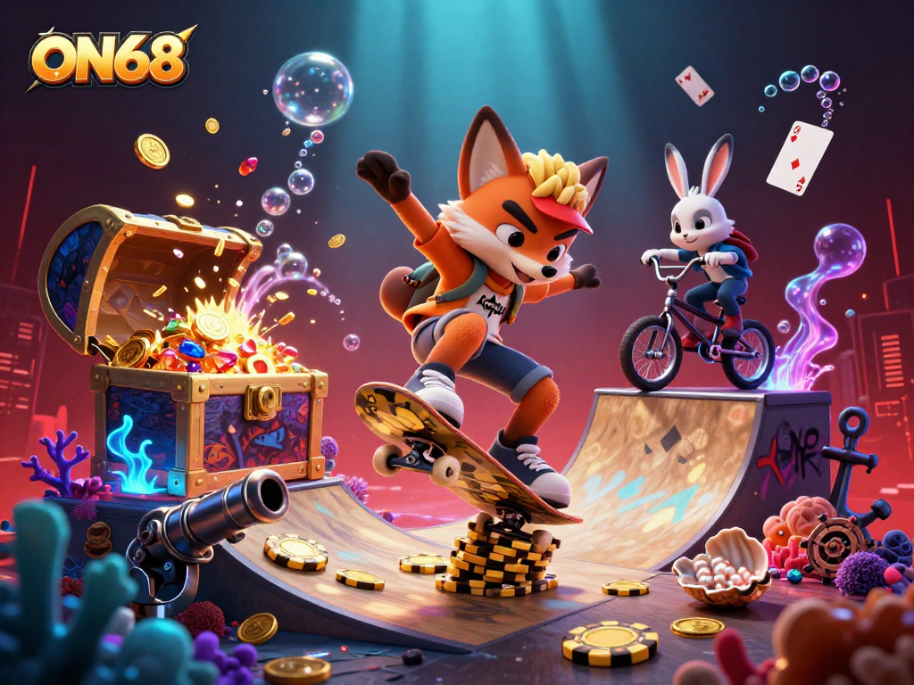 Experience thrilling gameplay at ON68 with vibrant casino elements and dynamic characters.