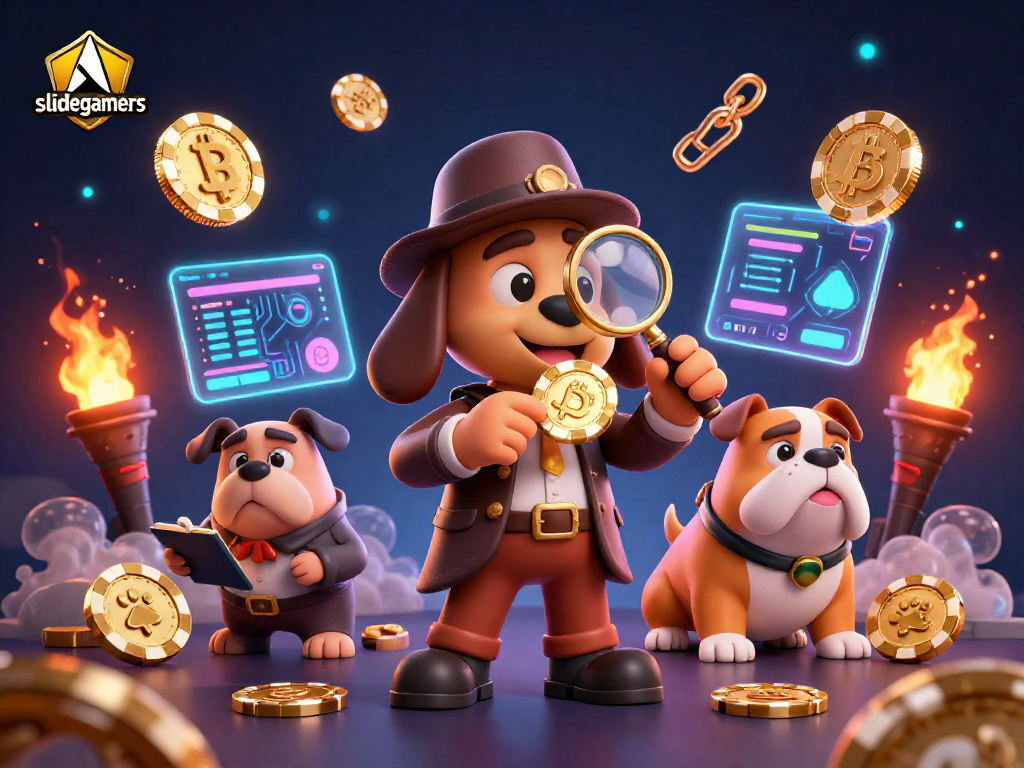 Slidegamers detective and bulldog uncovering poker clues amid vibrant crypto elements.