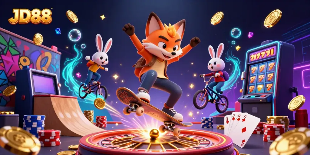 Experience exhilarating gambling fun with JD88 as a skateboarder fox flips over golden poker chips.