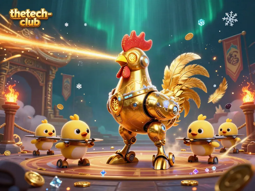 Experience thetech-club action with a futuristic rooster robot and baby chick drones in a lively betting arena.