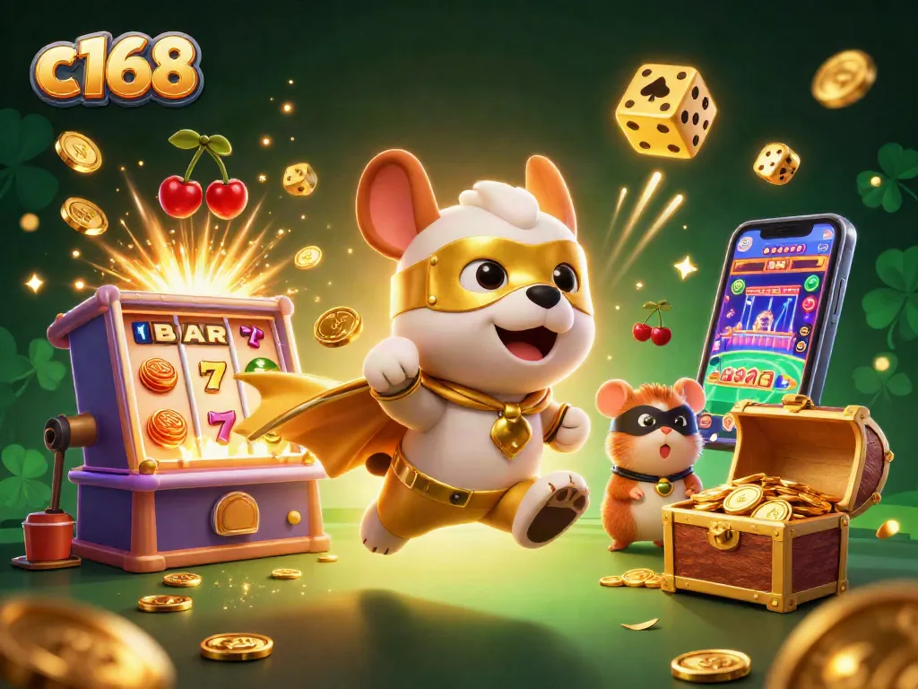 Experience thrilling gameplay with c168 as cartoon heroes fly through a vibrant casino illustration.