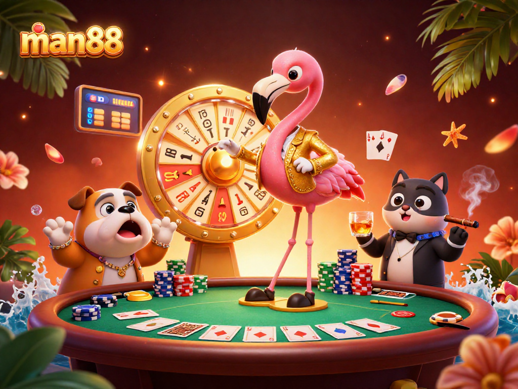 Experience thrilling wins at man88 with a vibrant 3D casino scene depicting game hosts and poker action.