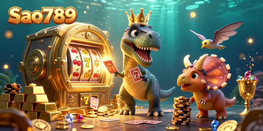 Sao789 engaging card game with a T-Rex and pterodactyl in a sparkling treasure scene.