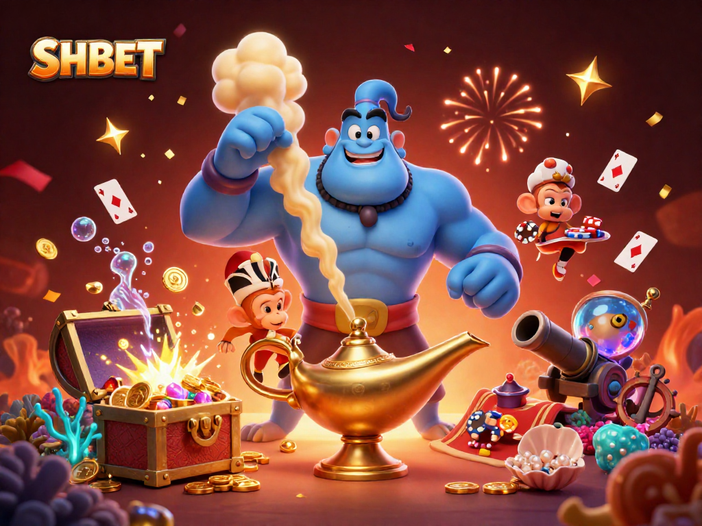 Experience thrilling SHBET gaming vibes with a magical genie, poker chips, and a treasure-filled backdrop.