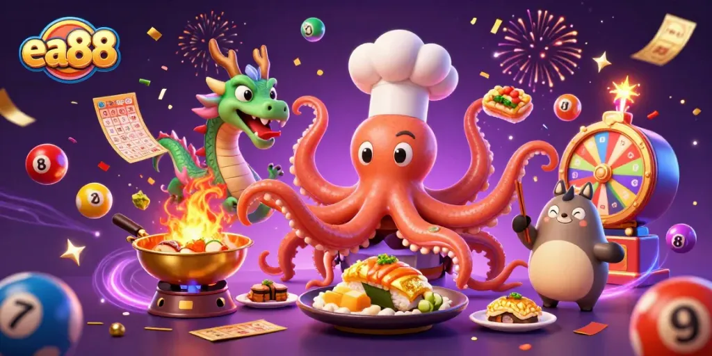 Join the fun at ea88 with a vibrant illustration of a sushi chef octopus, a dragon, and a tanuki, celebrating casino wins!