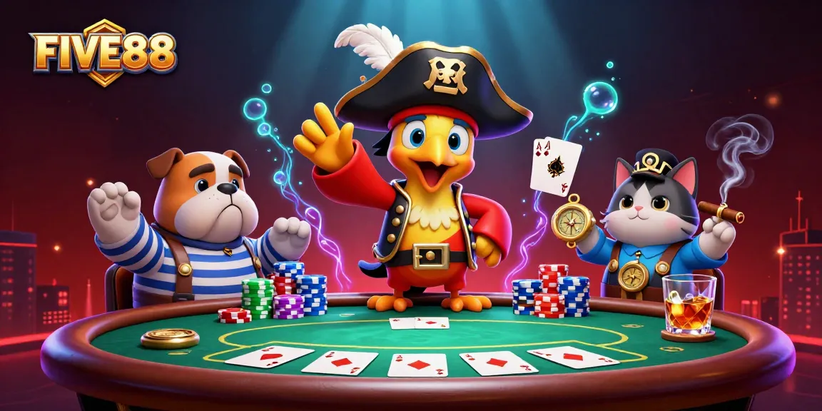 Action-packed scene showcasing FIVE88's exciting gambling atmosphere with pirate-themed characters and dynamic poker elements.