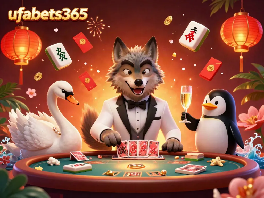 Engage with high-stakes baccarat at ufabets365 featuring a stylish wolf dealer and elegant characters in an exquisite casino scene.