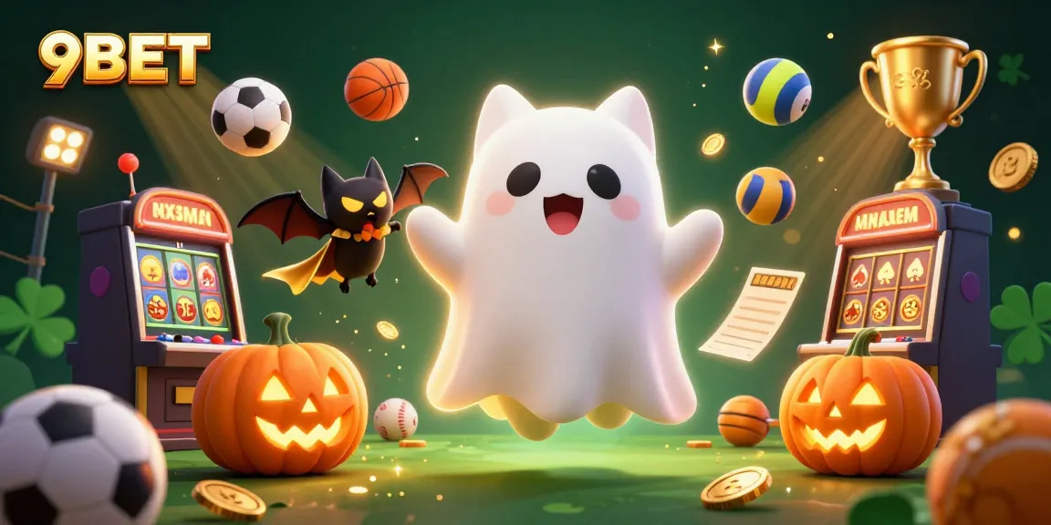 Experience thrilling wins with 9BET in a vibrant haunted casino scene filled with festive elements.