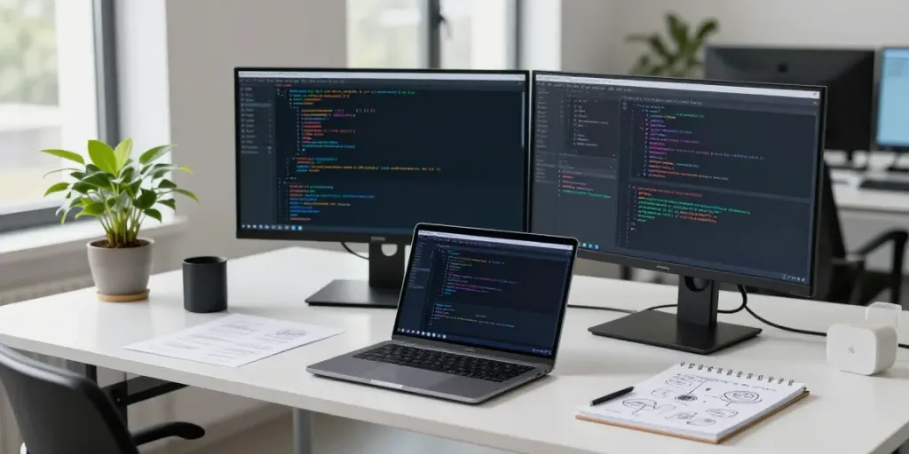 Neil Lock coding at a tech workspace with dual monitors, showcasing his software engineering expertise.