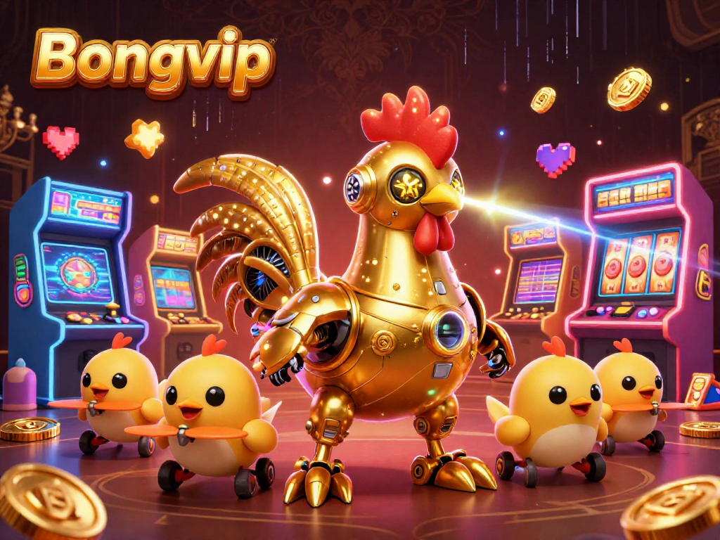 Bongvip celebrates gaming with a retro-futuristic golden rooster robot engaging in thrilling casino action, showcasing dynamic elements and vibrant visuals.