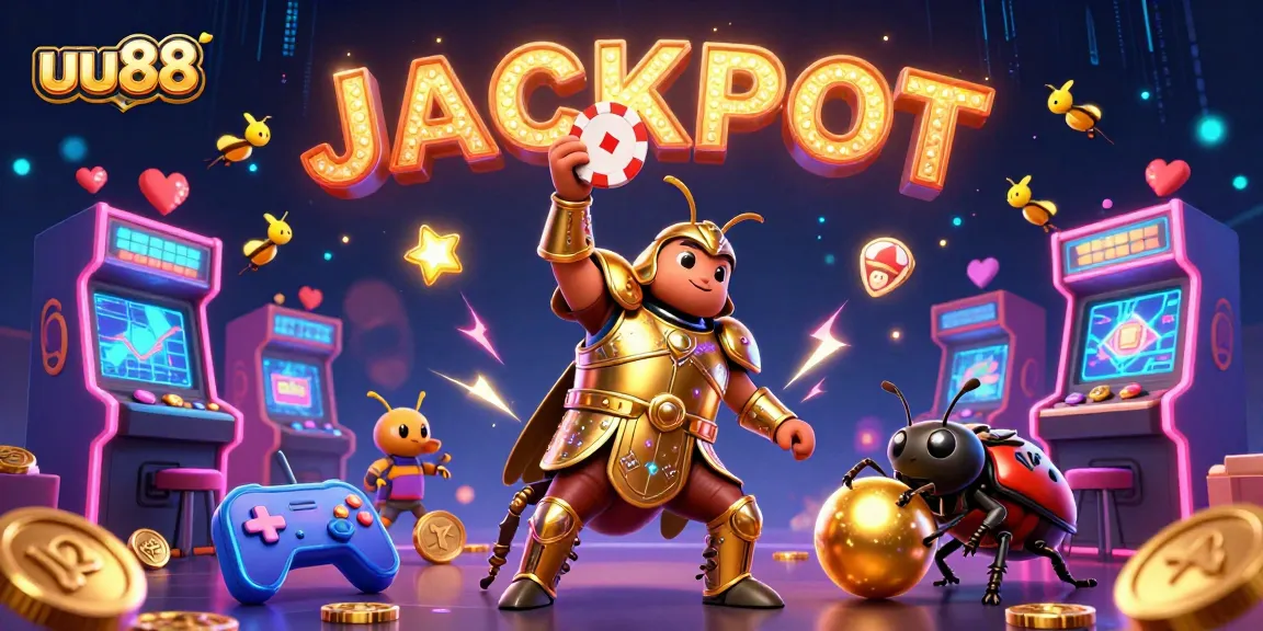uu88 jackpot celebration with a 3D hercules beetle and colorful casino elements
