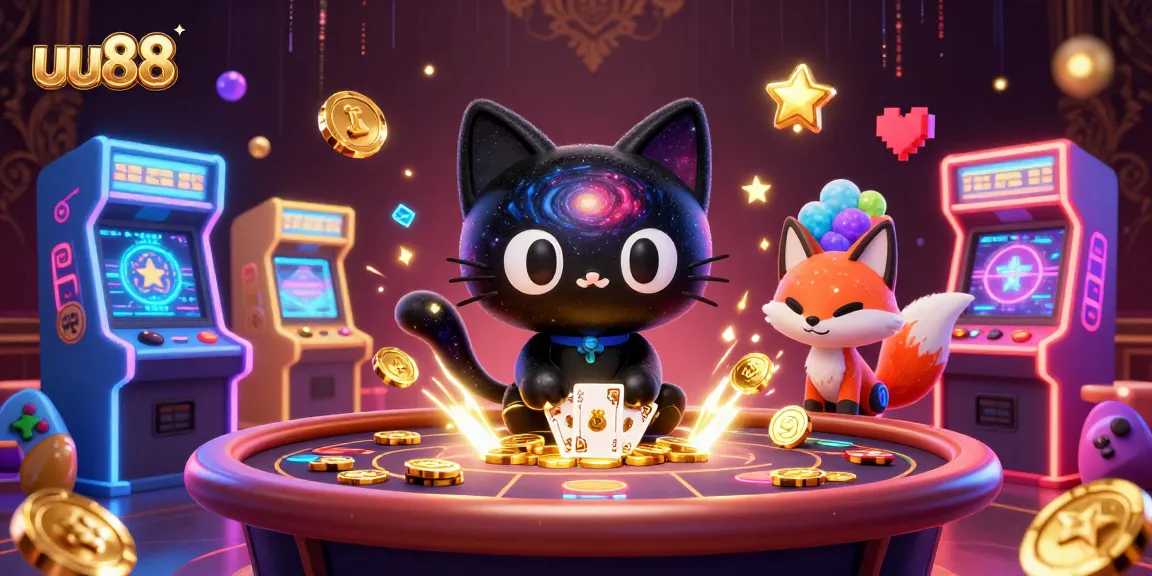uu88 cosmic casino table featuring a black hole cat pulling in gold chips, surrounded by colorful elements.