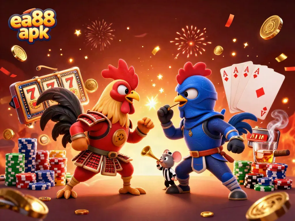 Engage with thrilling moments in ea88 apk as roosters battle amid vibrant casino elements and jackpot symbols.