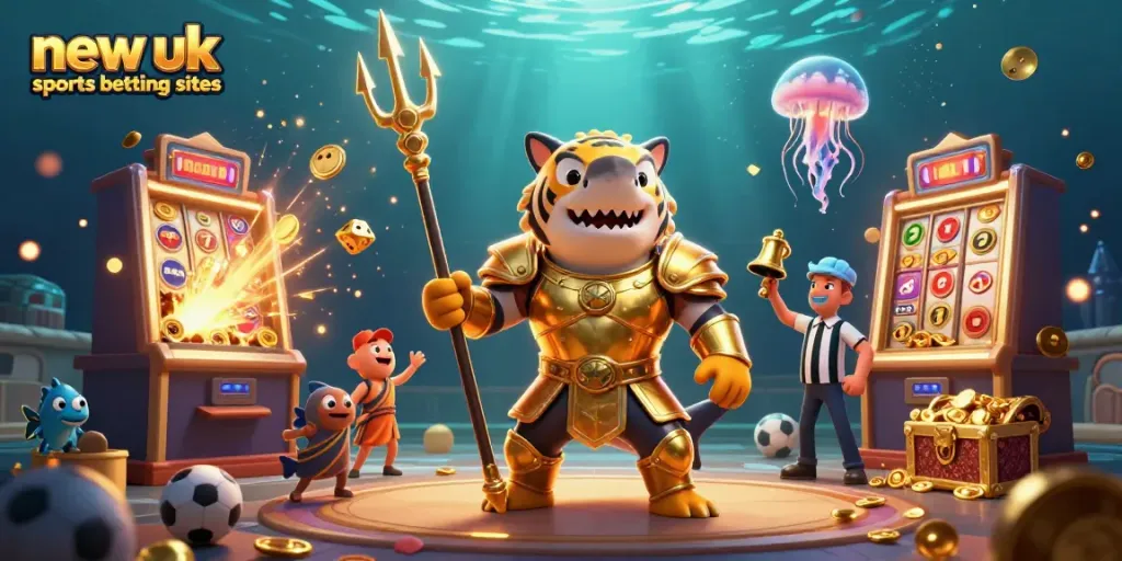 Engage with new uk sports betting sites featuring a dynamic tiger shark in gladiator armor amidst a lively casino scene.